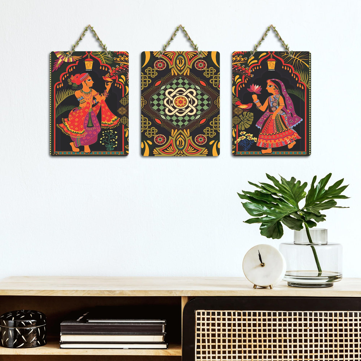 Artvibes Ancient Lovers Madhubani Art Wooden Wall Hanger for Home Decor | Living Room | Office | Cafe | Painting Wall Decor | Wall Poster | Artworks Hangings | Unique Gift (WH_96181N), Set of 3