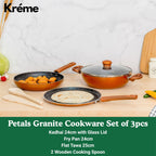 Kreme Petals 3 Piece Non-Stick Cookware Set | Granite Coating | Induction Base | PFOA Free | Lead Free | 25cm Tawa, 24cm Kadai, 24cm Fry Pan,1 Glass Lid & 2 Wooden Spoon | ISI Certified | Copper
