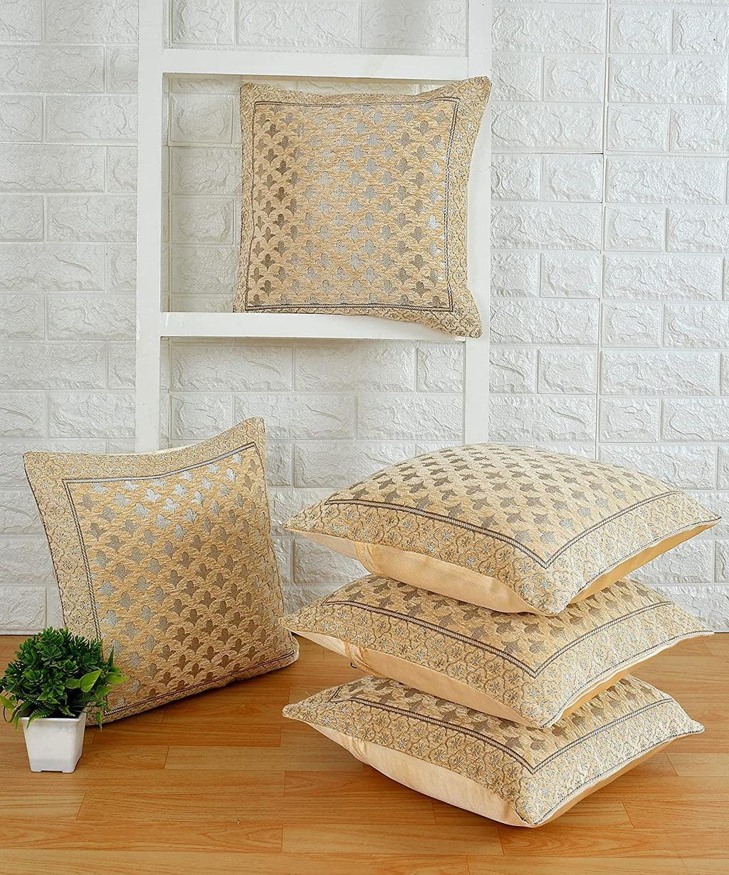 DECOMIZER Jacquard Weaved Geomteric Cushion Covers 16 Inch X 16 Inch Set Of 5 Ethnic Motifs Cushion Covers,Design- Star,Color- Beige, 240 tc