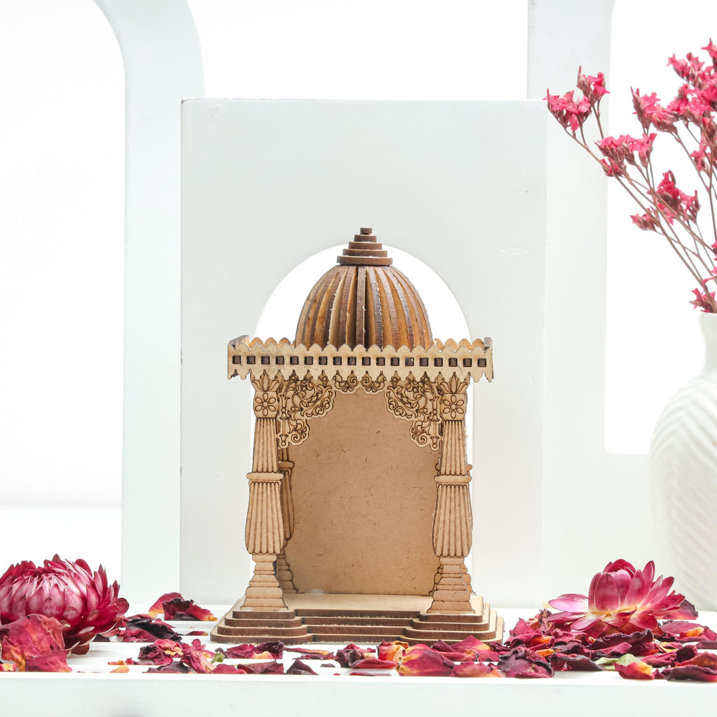 LASER ART Wooden Mini Home Temple with Maa Saraswati for Car Dashboard Desk Organizer Home Decor 10cm x 7.5cm x 4.5cm