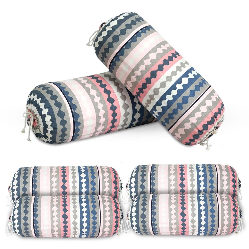 GLUN® Pack of 6 Zig Zag Multicolour Round Striped Bolster Pillow Covers, Size 16 inch x 30 inch (40 x 75 cm, Cream) Printed Polyester Silk Fabric for Living Room or Bedroom, Stylish & Modern Covers