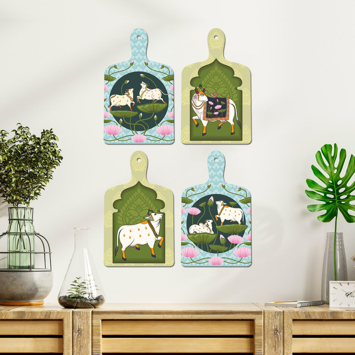 Artvibes Sacred Cows On Lotus Modern Pichwai Art Wooden Wall Hanger for Home Decor | Handcrafted Art | Festive Decor | Wall Illustrations | Paintings For Wall | Gift Items (WH_5644N), Set of 4