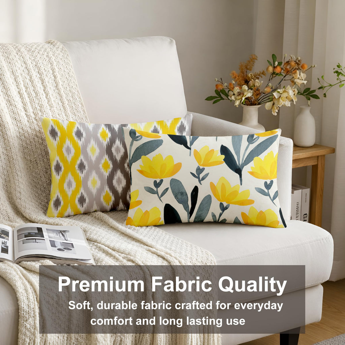 STITCHNEST Set of 2 Polycotton Cushion Covers – 12x18 Inches – Yellow & Grey Ikat-Inspired Geometric Print – Vibrant Cushion Covers for Sofa, Couch & Living Room | Perfect for Home Decor