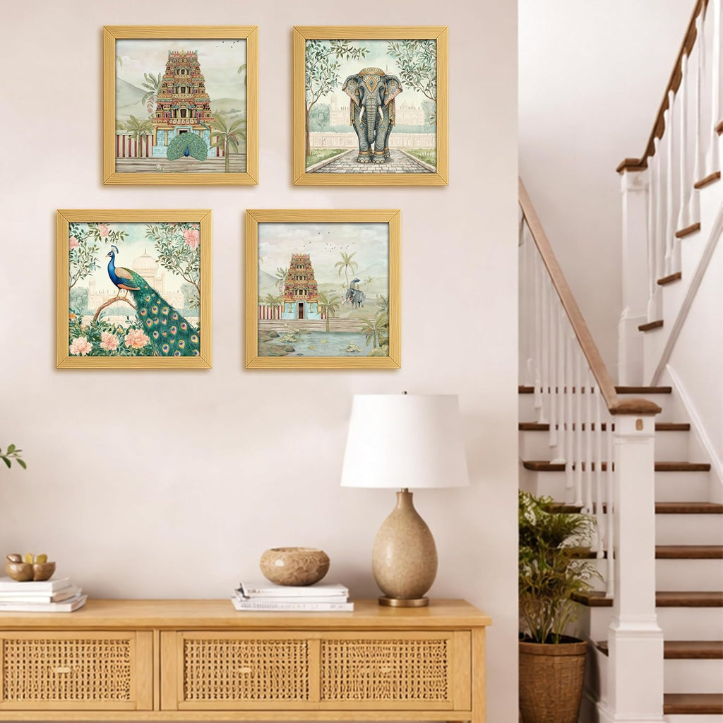 Aesthetic Madhubani Art Paintings For Living Room, Bedroom, Multicolor, Natural Wood Color Frames, 8.0 x 8.0 inch, Set of 4 kafalo