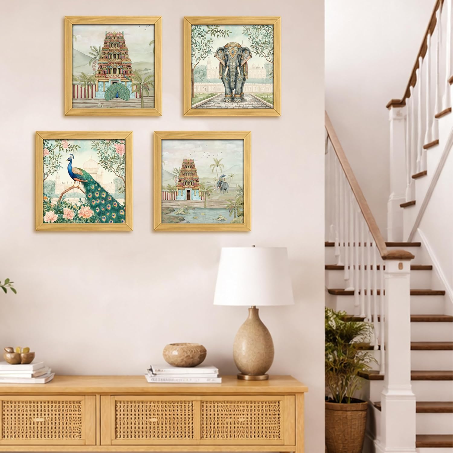 Aesthetic Madhubani Art Paintings For Living Room, Bedroom, Multicolor, Natural Wood Color Frames, 8.0 x 8.0 inch, Set of 4 kafalo