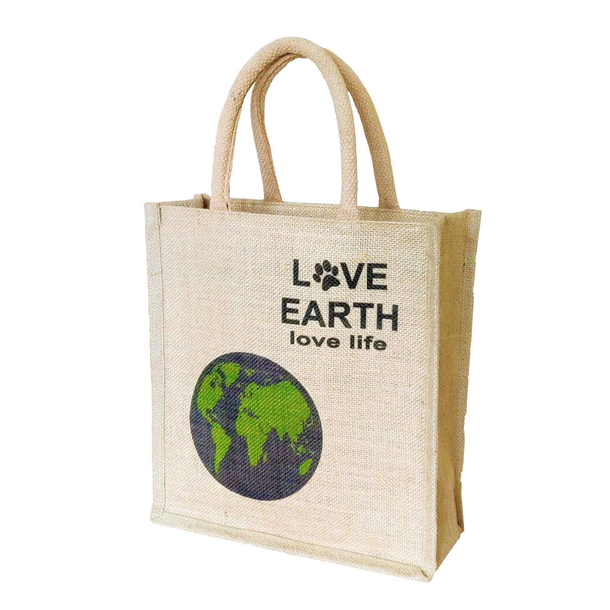 Sangra Stylish Printed Love Earth Unisex Multipurpose Jute Tote Lunch Bag with Zipper
