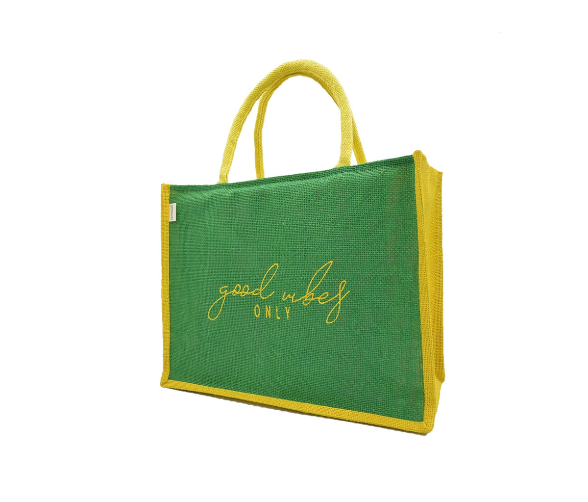 JUTEKA Green and Yellow,quote printed Jute Bag for Lunch, Office, Grocery, Picnic, Tiffin, Shopping Hand Bag with padded cotton handles