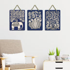 Artvibes Elephant Peacock Madhubani Art Home Wooden Art Decoration Item for Home | Modern Decoration Items | Handcrafted Art | Wall Poster | Aesthetic Wall Hanging | Unique Gift (WH_96175N), Set of 3