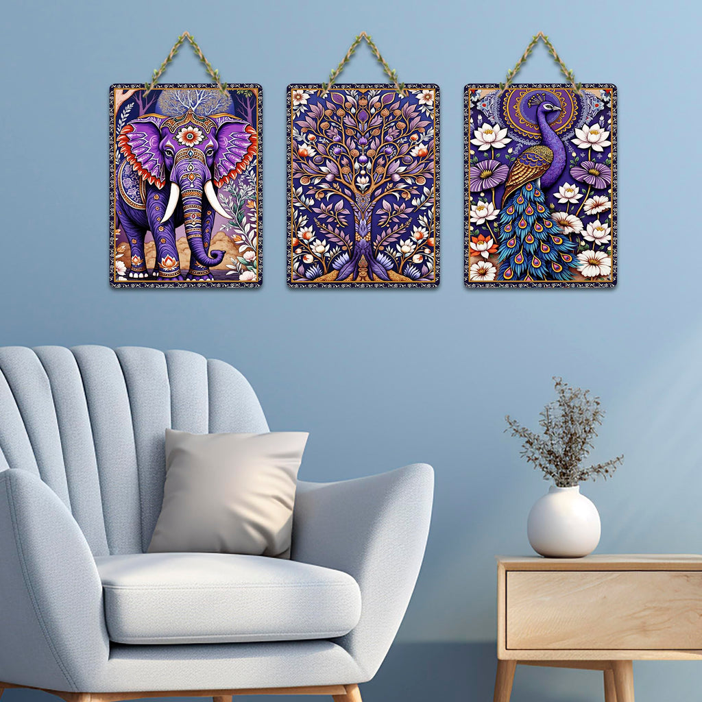 Artvibes Elephant & Peacock Aesthetic Modern Art Wooden Art Decoration Item for Living Room | Art For Wall | Door Decoration Items | Wall Poster | Paintings For Wall | Gift Items (WH_9643N), Set of 3