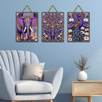 Artvibes Elephant & Peacock Aesthetic Modern Art Wooden Art Decoration Item for Living Room | Art For Wall | Door Decoration Items | Wall Poster | Paintings For Wall | Gift Items (WH_9643N), Set of 3