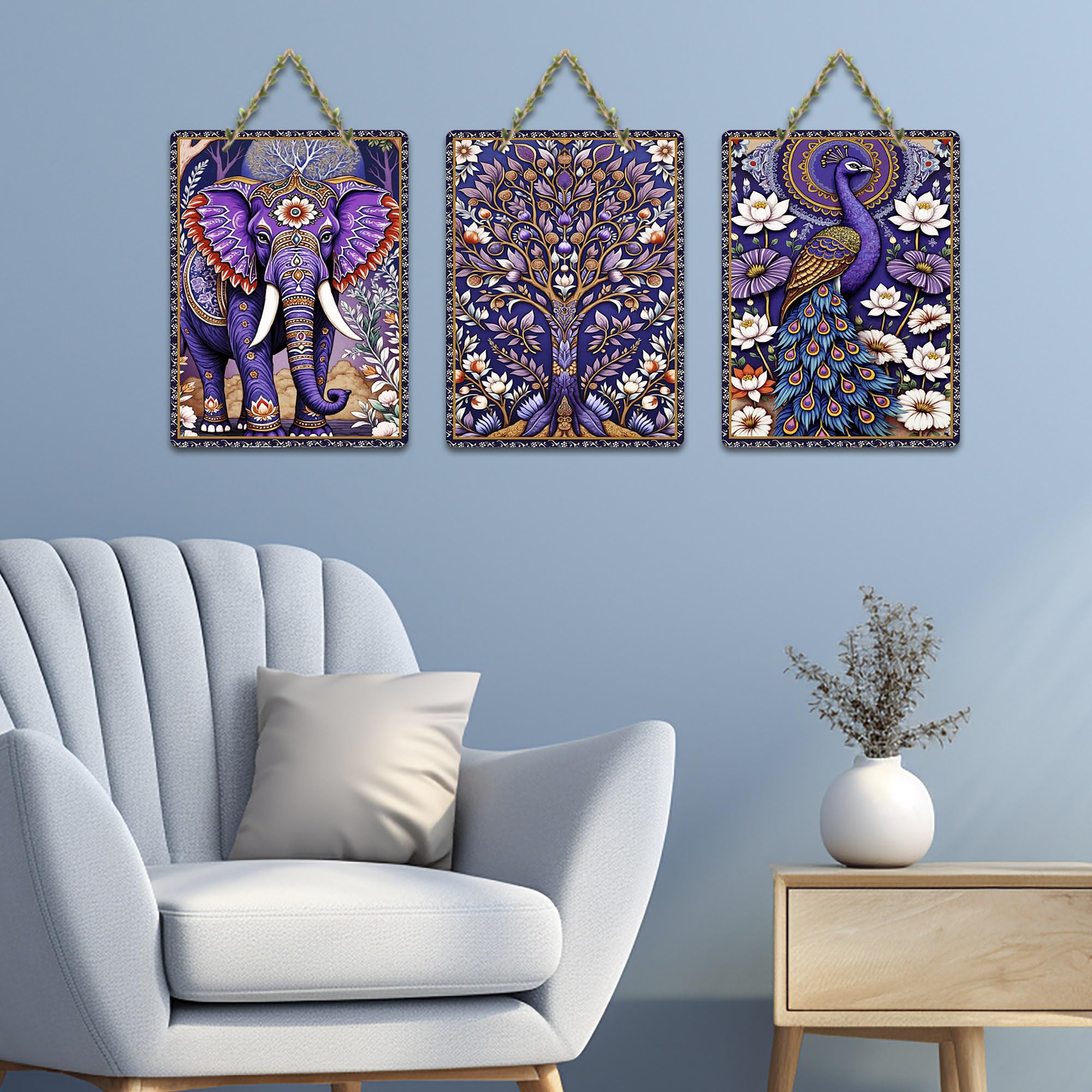 Artvibes Elephant & Peacock Aesthetic Modern Art Wooden Art Decoration Item for Living Room | Art For Wall | Door Decoration Items | Wall Poster | Paintings For Wall | Gift Items (WH_9643N), Set of 3