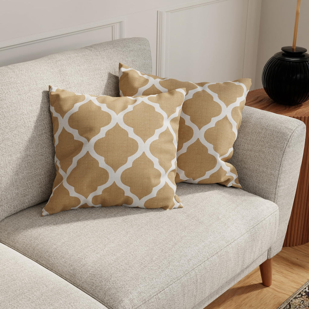 HUESLAND Premium Cotton Cushion Cover 16 inch x 16 inch | Decorative Square Throw Pillow Covers Set for Sofa, Living Room & Bedroom | Set of 2 | Quatrefoil Light Brown