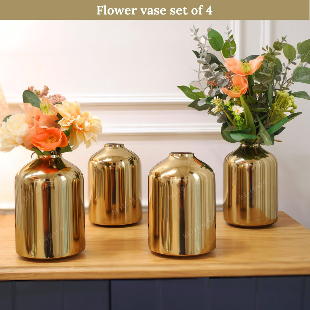 BEHOMA Metal Flower Vase Set of 4, Gold