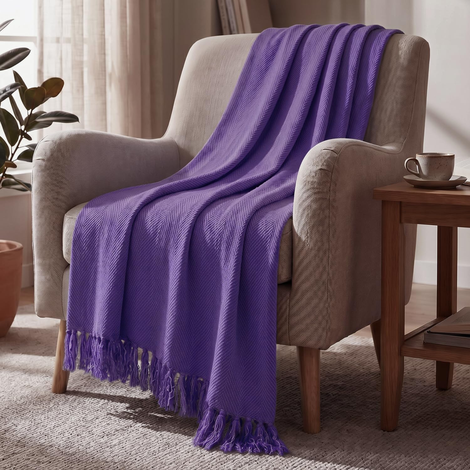 HOKIPO Iris Purple All Season Cotton Sofa Throw 50x60 Inches, Soft Decorative Living Room Sofa Throw Blanket with Tassels, 'Blush Haven' Series (IN-1134-PRPL) Kafalo
