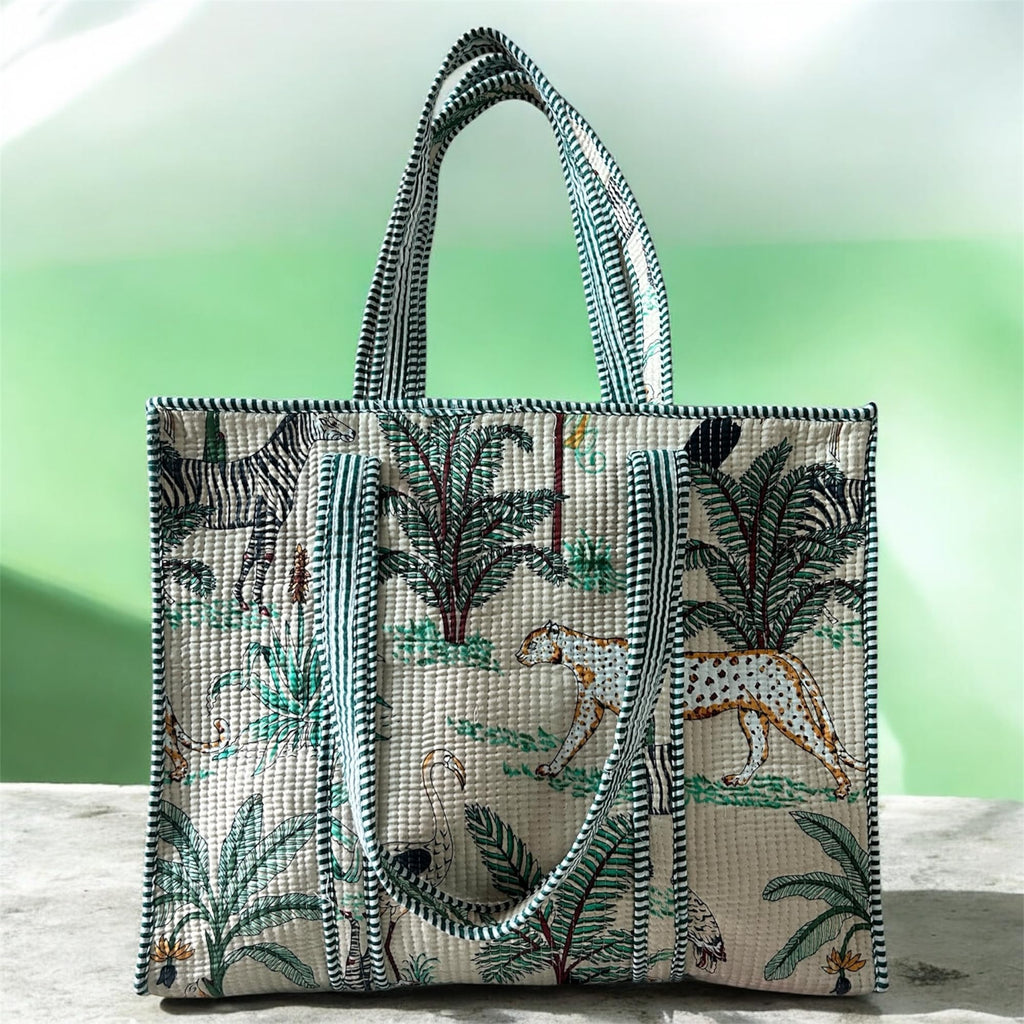 Handcrafted Quilted Cotton Tote Bag for Women, Printed Shoulder Bag with Jungle Animal Pattern, Lightweight Reusable Shopping & Daily Carry Tote, Large Size 18 x 18 x 5 Inches (Light Brown)