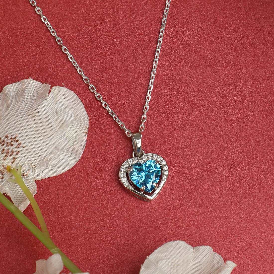 Clara 925 Silver Sky Blue Heart Pendant with Chain Necklace for Women