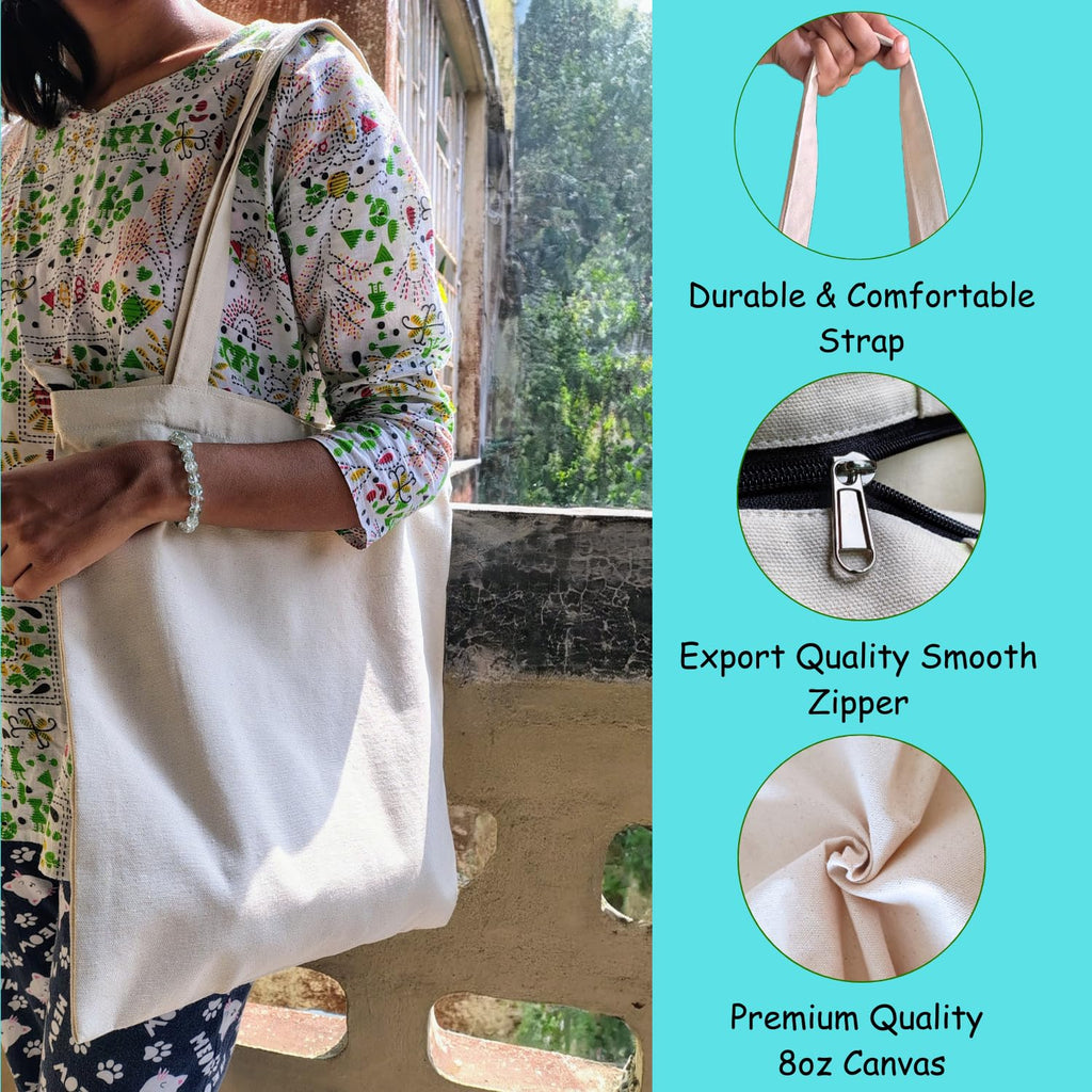 Ecodott Cotton Tote bag with Zipper | Heavy Duty Multi-purpose reusable white canvas bag for Shopping, Painting and Everyday use | 100% Organic Cotton Eco Friendly Grocery Bag | Pack of 10