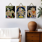 Artvibes Radha Krishna Madhubani Art Home Decorative Wall Hanging Ornaments | Wood Decorative Items | Modern Decoration | Festive Decor | Wall Illustrations | Gift Items (WH_96152N), Set of 3