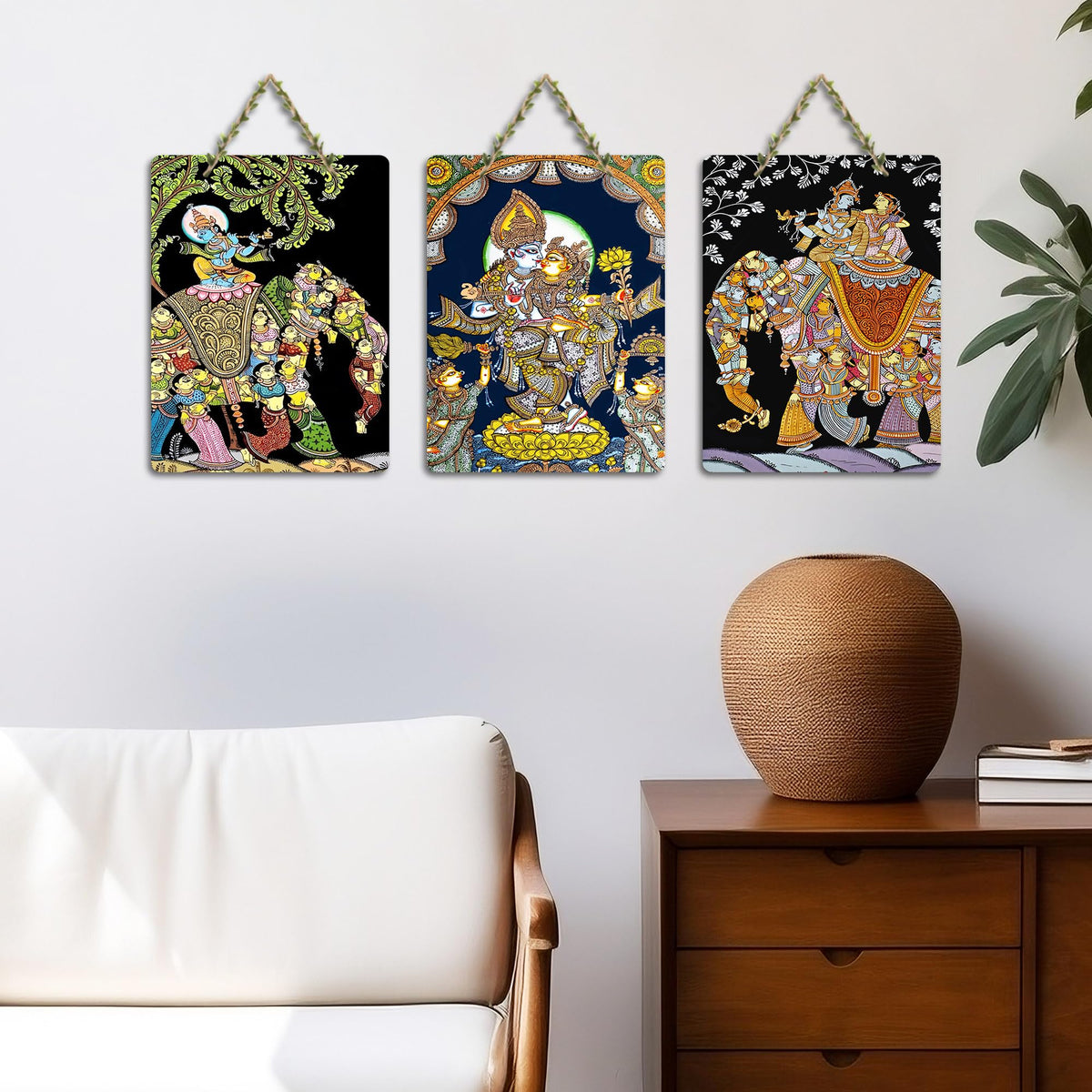 Artvibes Radha Krishna Madhubani Art Home Decorative Wall Hanging Ornaments | Wood Decorative Items | Modern Decoration | Festive Decor | Wall Illustrations | Gift Items (WH_96152N), Set of 3