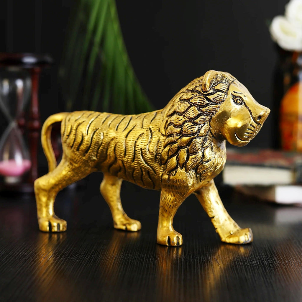 KridayKraft Metal Lion Showpiece Statue Gold Plated Fine Finishing and Decorative for Showcase Home Pooja,Durga Office & Table Desk Animal,Article,Feng Shui & Vastu Figurines,Gift.
