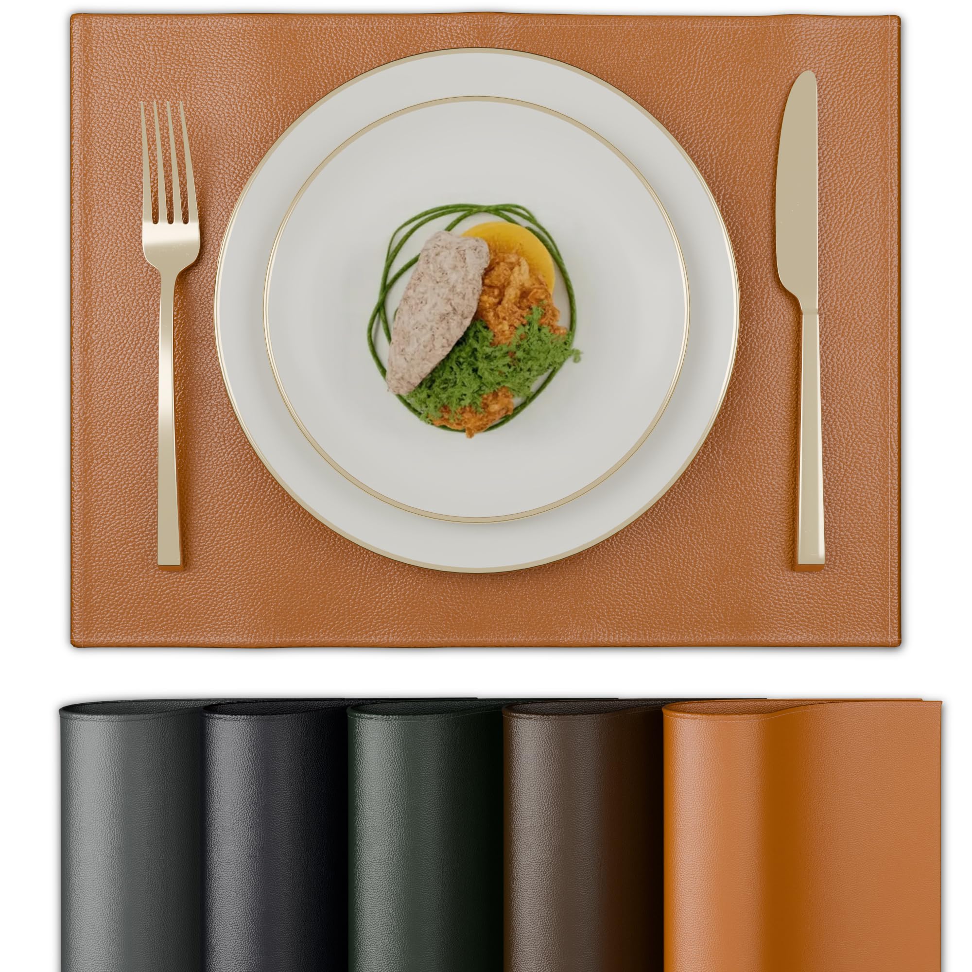 Encasa XO Faux Leather Dining Table Placemats, Water Repellent Tan Kafalo