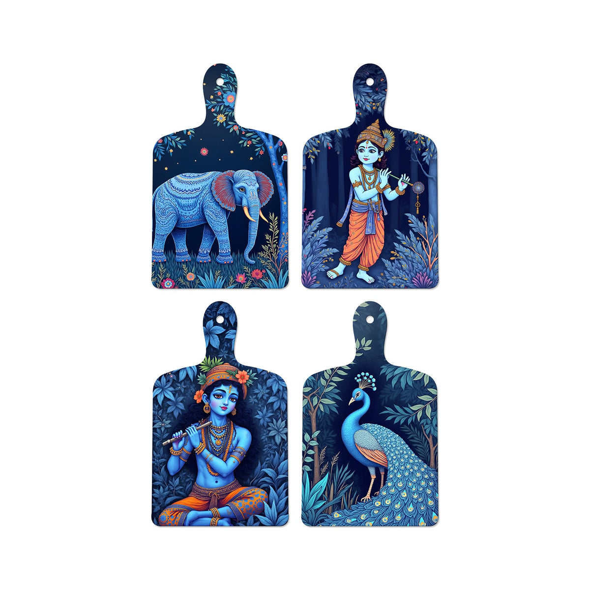 Artvibes Divine Bal Shri Krishna Playing Flute Modern Art Wall And Door Hanging for Home | Spiritual Decor Items | Wall Illustrations | Artwork | Painting | Gift Items (WH_5640N), Set of 4