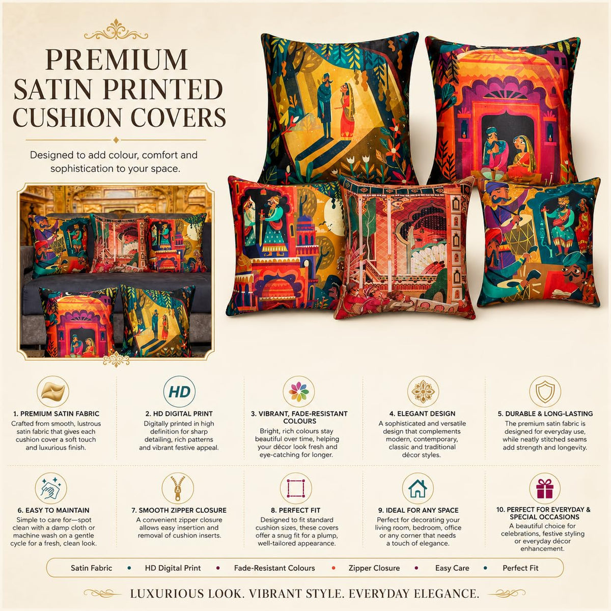Vendola Decorative Satin Sofa Cushion Covers Set of 5, 24 Inch x 24 Inch, Sofa Pillow Cover, Ethnic Festive, Multicolor, Raja Rani Royal Design, Zipper Closure (Raja Rani, 24X24 Inches)