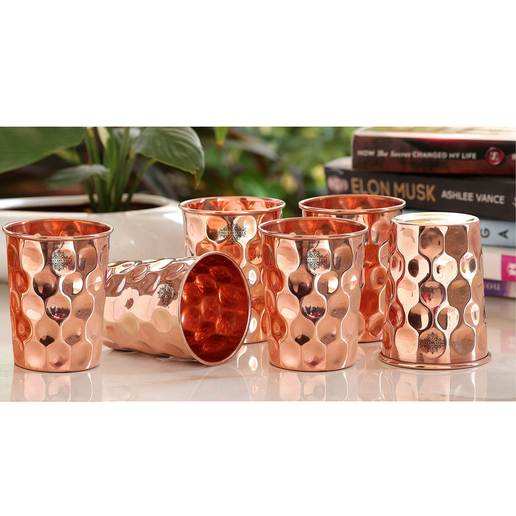 INDIAN ART VILLA Pure Copper Plain Glass with Diamond Hammered Design, Drinking Serving Water, Yoga Ayurveda, Volume-300 ml, Pack of 6