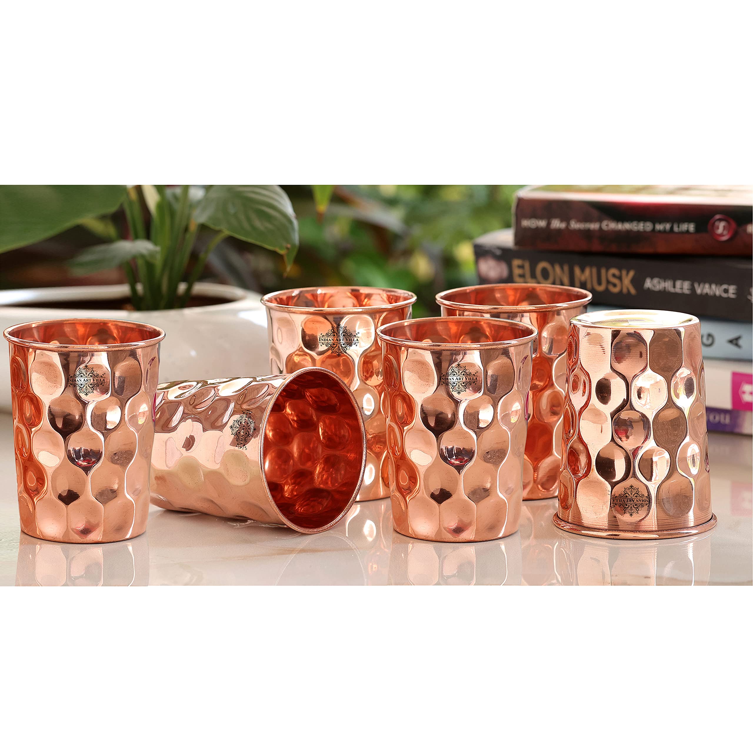 INDIAN ART VILLA Pure Copper Plain Glass with Diamond Hammered Design, Drinking Serving Water, Yoga Ayurveda, Volume-300 ml, Pack of 6