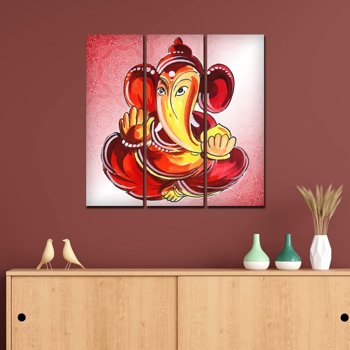 VIBECRAFTS 3 Pieces Shree Ganesha Canvas Wall Painting Fitted With Wooden Frame For Home | Office | Living Room | Gifts (PTVC3Pcs1_9574)