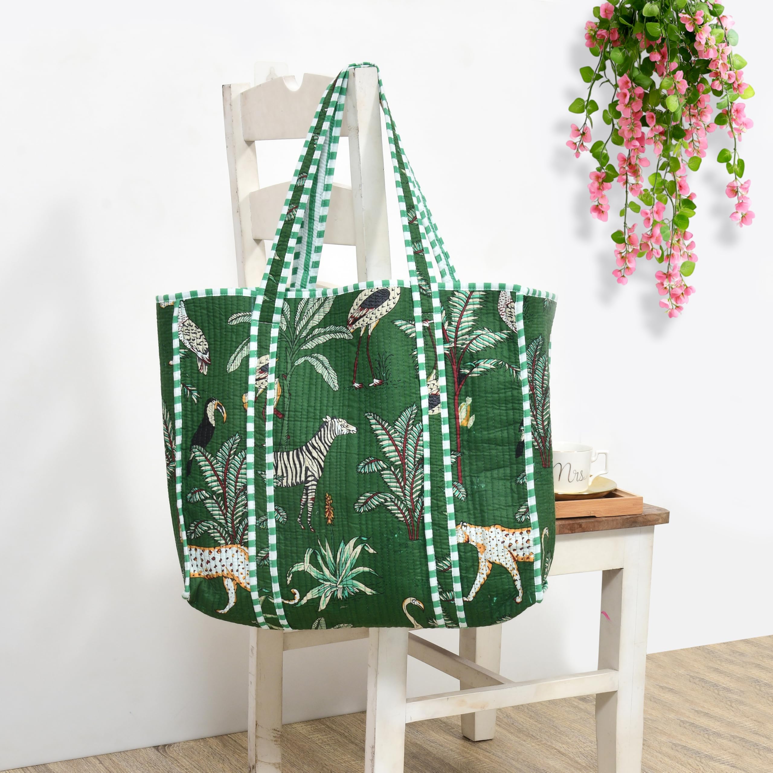 MITTICO Quilted Cotton Tote Bag for Women – Large Shoulder Handbag with Zipper & Multiple Pockets | Lightweight Travel Tote for Office, Shopping & Daily Use | Green Jungle Print