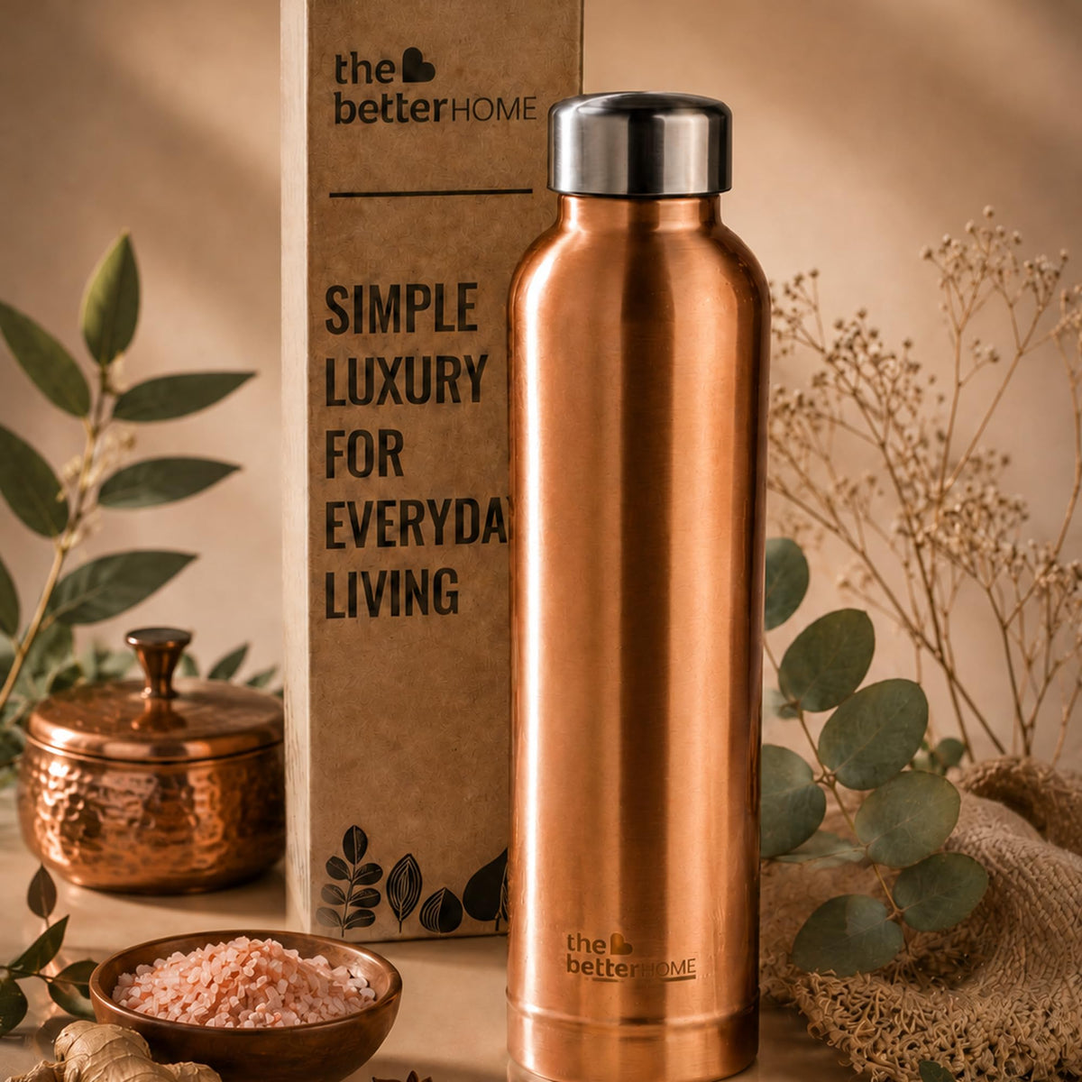 The Better Home Copper Water Bottle | 100% Pure Copper Bottle with Steel Cap | Drinking Water Bottle for Home, Office, Gym & Travel | Durable, Rust Free, Leak Proof, Eco-Friendly | 950ml Capacity