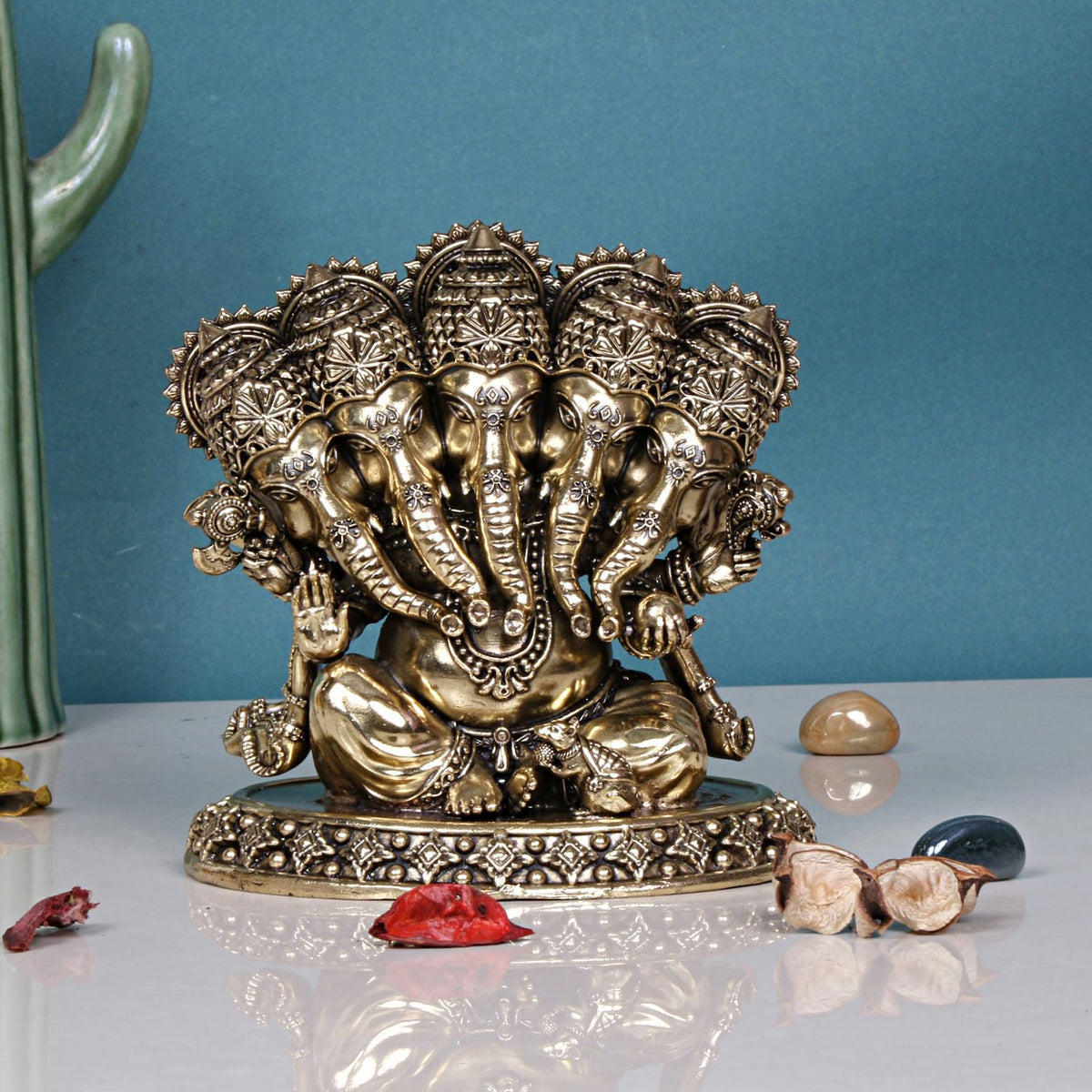 ARTVARKO Brass Panchmukhi Ganesha Bhagwan Idol Five Face Ganesh Statue Ganpati Murti for Temple Puja Gift 5.5 Inch