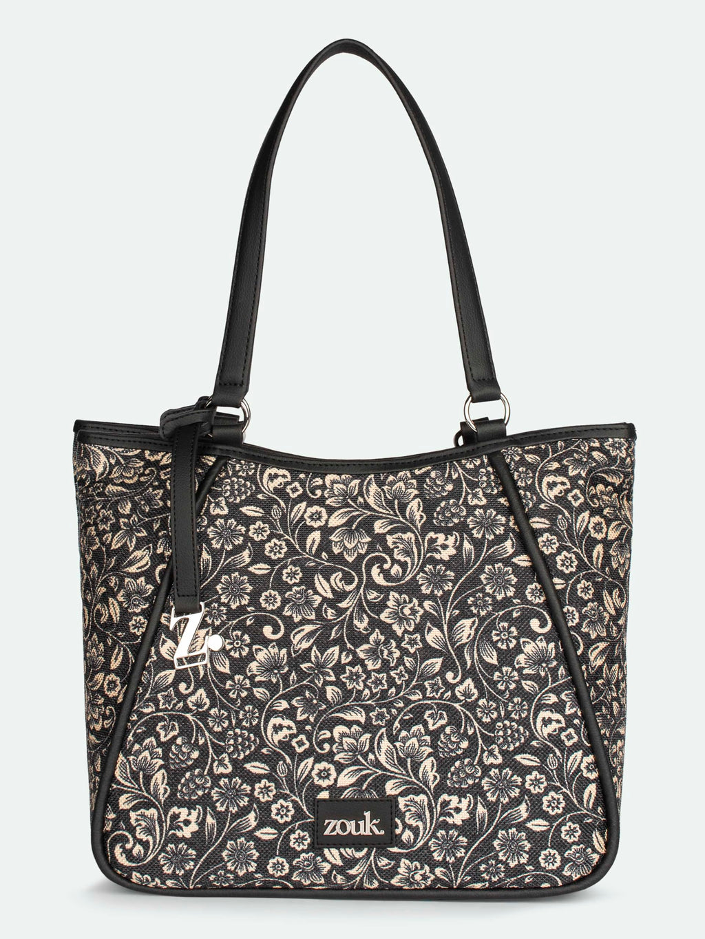 ZOUK Naisha Black Floral Tote Bag for Women | Vegan Leather Large Shoulder Handbag with Bottle Holder, Multiple Pockets & Water-Resistant Lining | Office, Travel & Daily Use | FloMotif