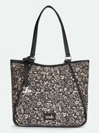 ZOUK Naisha Black Floral Tote Bag for Women | Vegan Leather Large Shoulder Handbag with Bottle Holder, Multiple Pockets & Water-Resistant Lining | Office, Travel & Daily Use | FloMotif