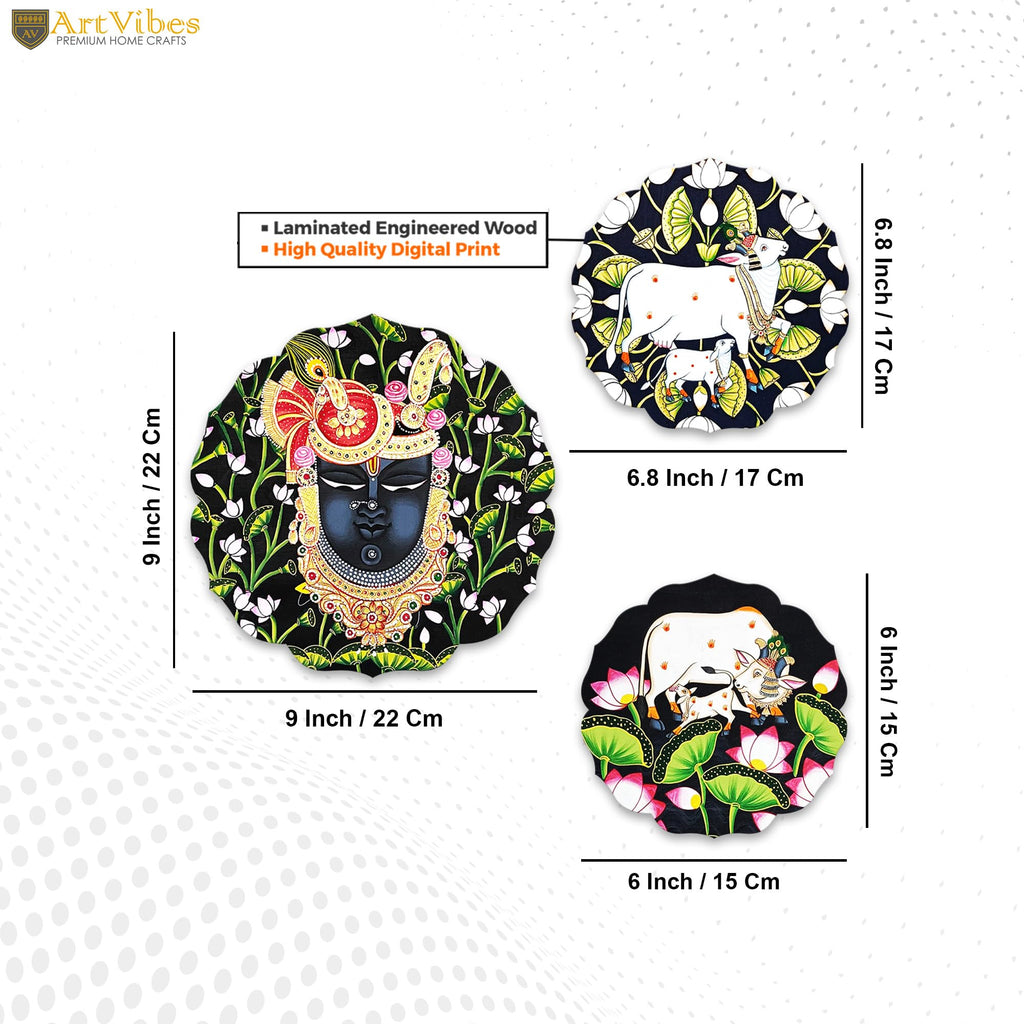 Artvibes Shrinath Ji & Sacred Cow Pichwai Art Round Shape MDF Wooden Wall Decor Items | Living Room | Handcrafted Art | Wall Illustrations | Art Prints | Aesthetic Wall Art | Gift (WH_8810N), Set of 3