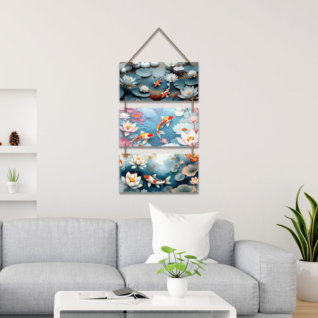 Artvibes Water Lily and Koi Fish Wooden Art Decoration Item for Living Room | Art For Wall | Wall Sculpture | Signs & Plaques | Festive Decor | Aesthetic Wooden Decor | Unique Gift Items (WH_9436N)