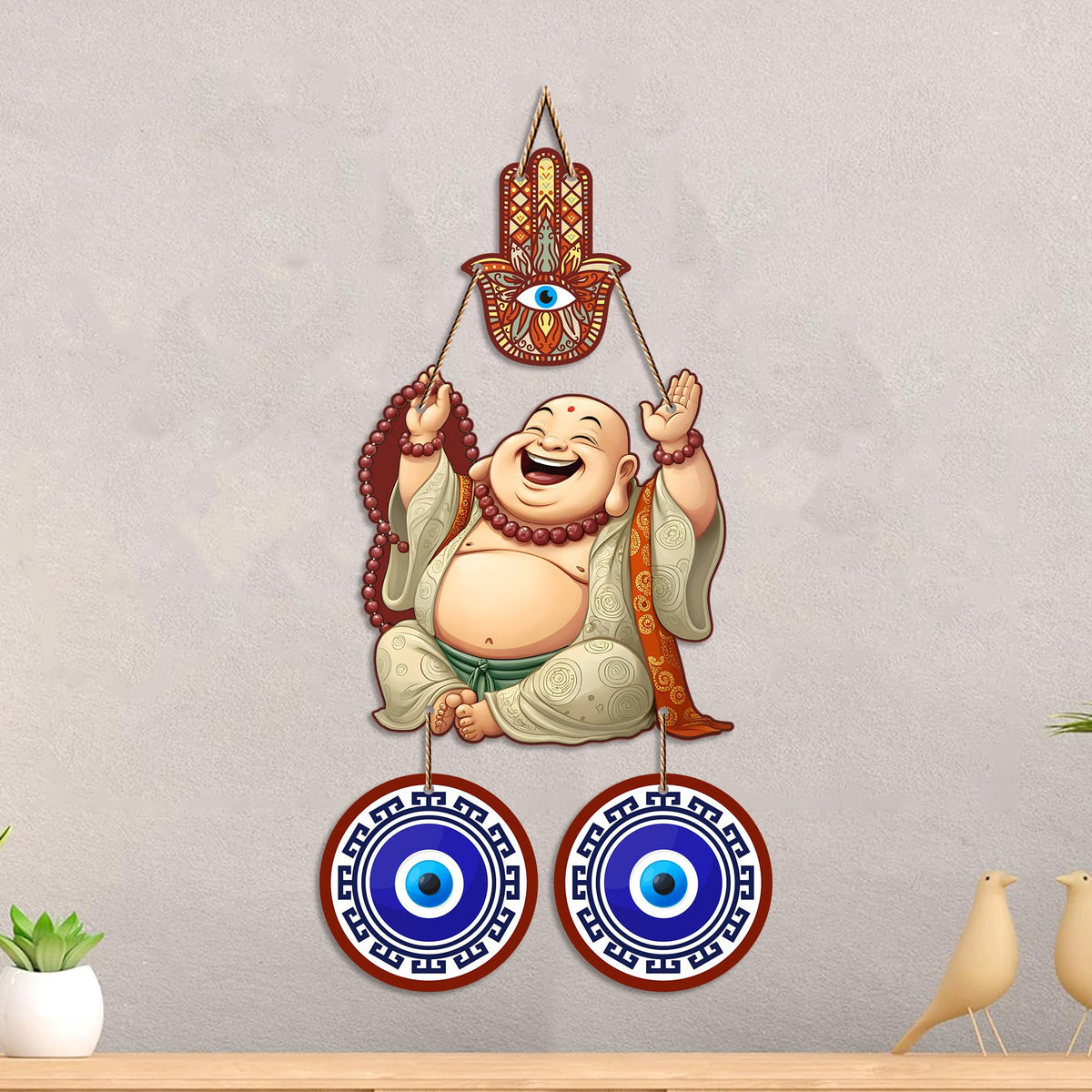 Artvibes Laughing Buddha Evil Eye Wall Hanging for Home Entrance Door | Living Room | Bedroom | Prosperity Wealth and Good Luck Decor | Positive Energy Nazar Battu Accent Gift Item (WH_85142N)