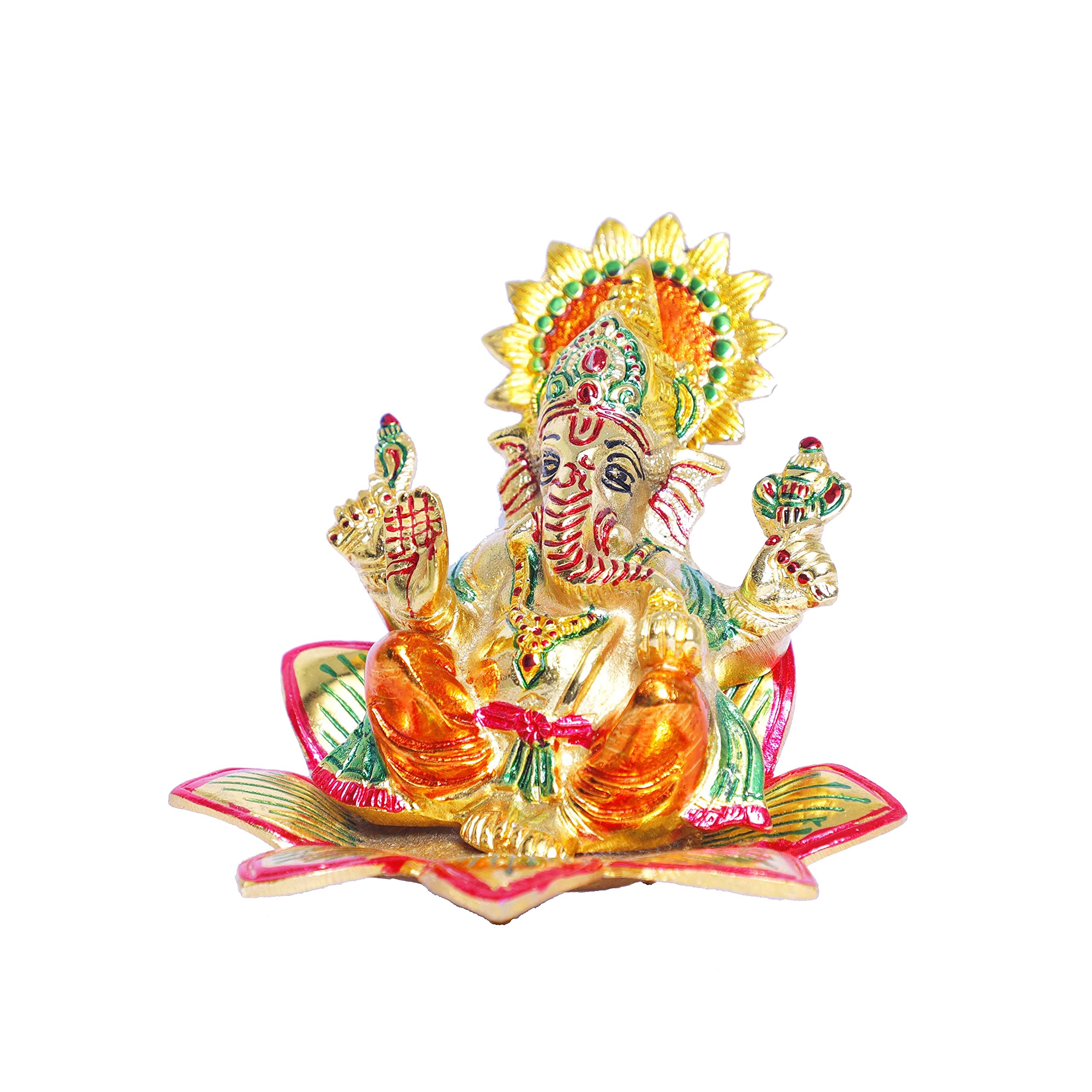 KridayKraft Metal Ganesha Sitting on Flower Multi Color menakari Leaf for Pooja,Home,Office Decorative for Table and Gifts