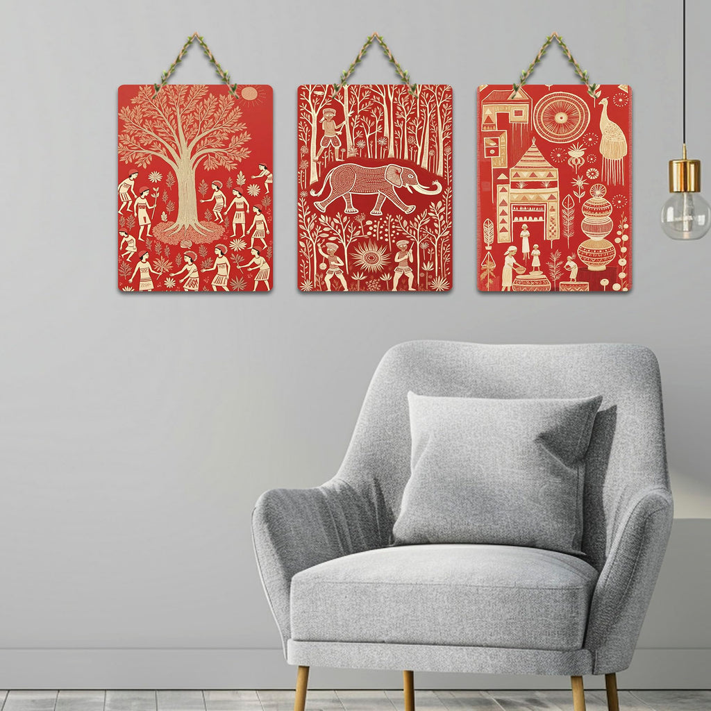 Artvibes Traditional Cultural Wall Art Decorative MDF Wooden Wall Art for Home | Handcrafted Art | Festive Decor | Wall Art Print | Paintings For Wall | Unique Gift Items (WH_96122N), Set of 3