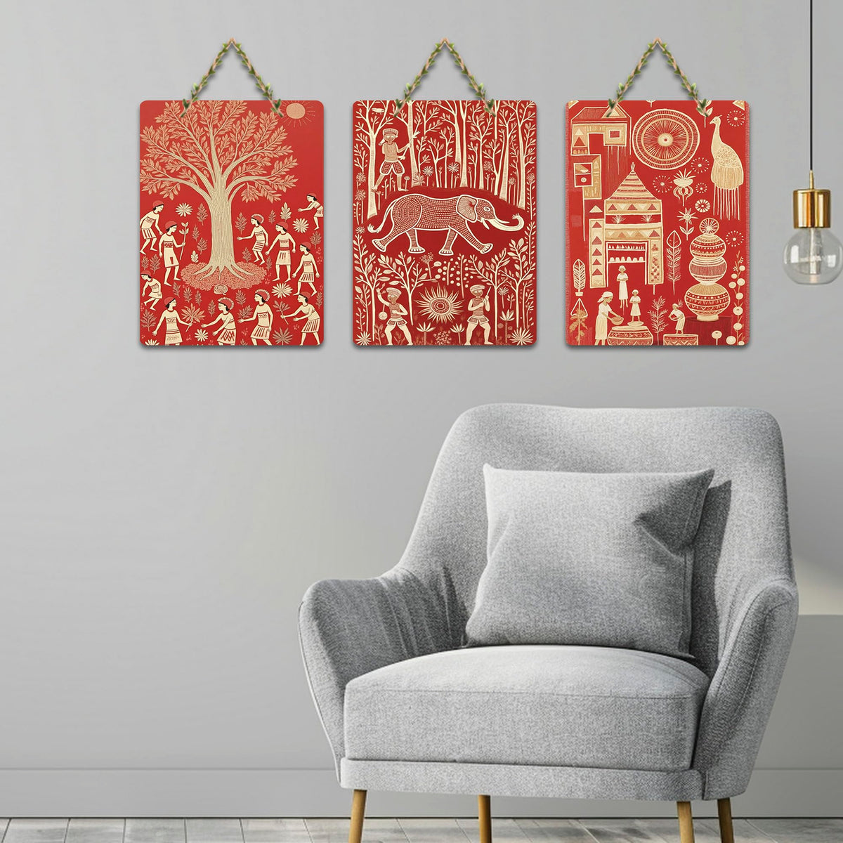 Artvibes Traditional Cultural Wall Art Decorative MDF Wooden Wall Art for Home | Handcrafted Art | Festive Decor | Wall Art Print | Paintings For Wall | Unique Gift Items (WH_96122N), Set of 3