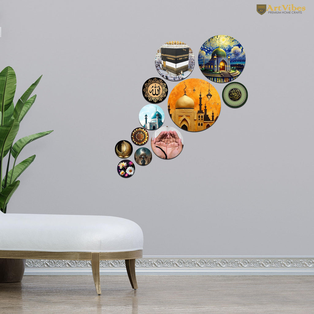 Artvibes Kaaba & Mecca Muslim Round Shape MDF Wooden Wall Decor Items | Spiritual Decor Items | Islamic Decoration | Wall Sculpture | Signs & Plaques | Art Painting | Gift Items (WPS_135N), Set of 11