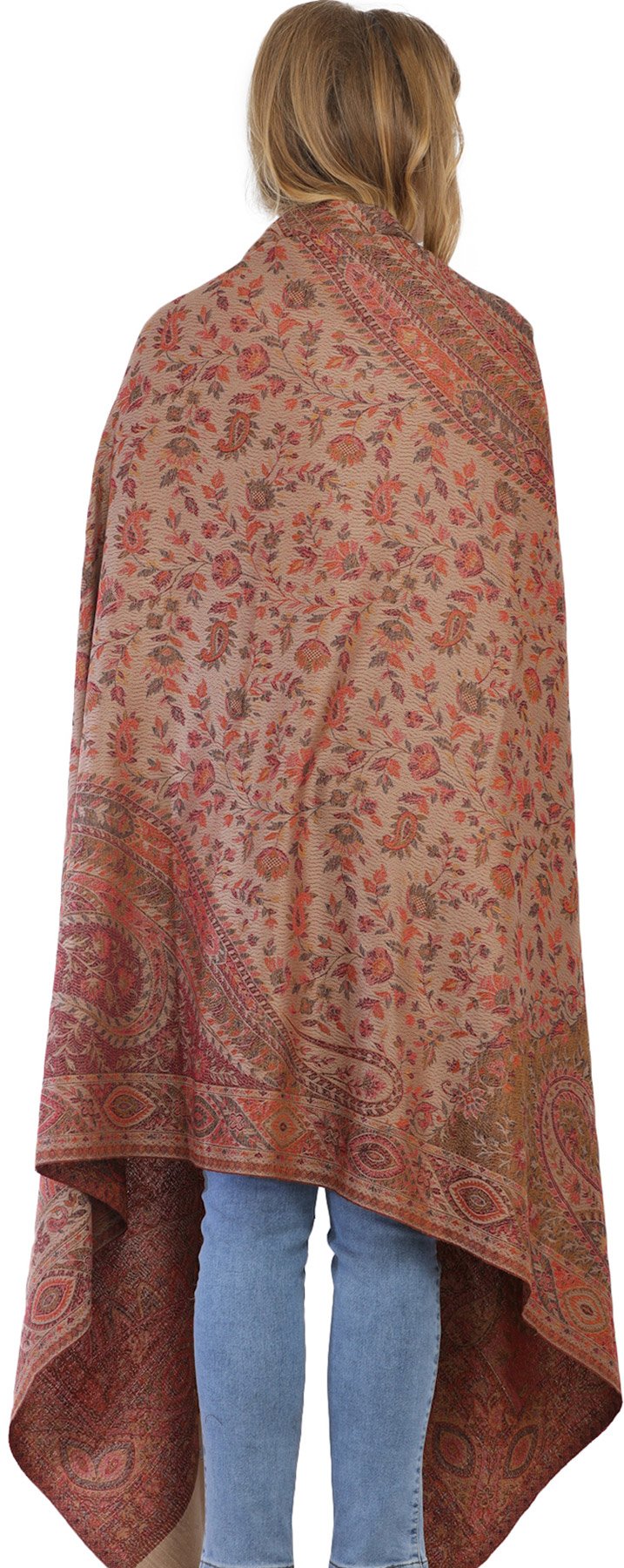 Exotic India Women's Reversible Jamawar with Woven Paisleys Wool Shawl (SWL33--light-taupe)