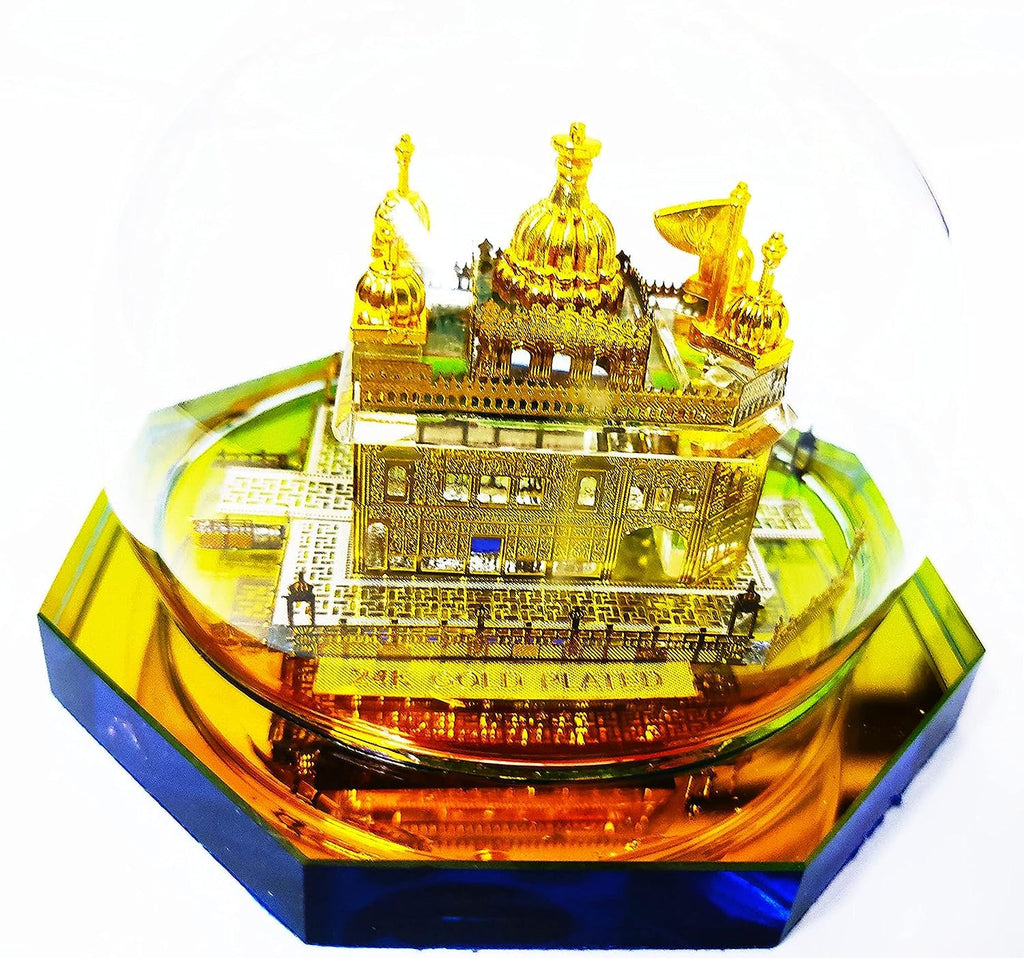 APEROL DESIGN Golden Temple Idol – Pack of 3 Miniatures Under Glass Dome | 24K Gold Plated Decorative Showpiece for Home, Office, Car Dashboard & Gifting | Size: 9×8×7.5 cm Each