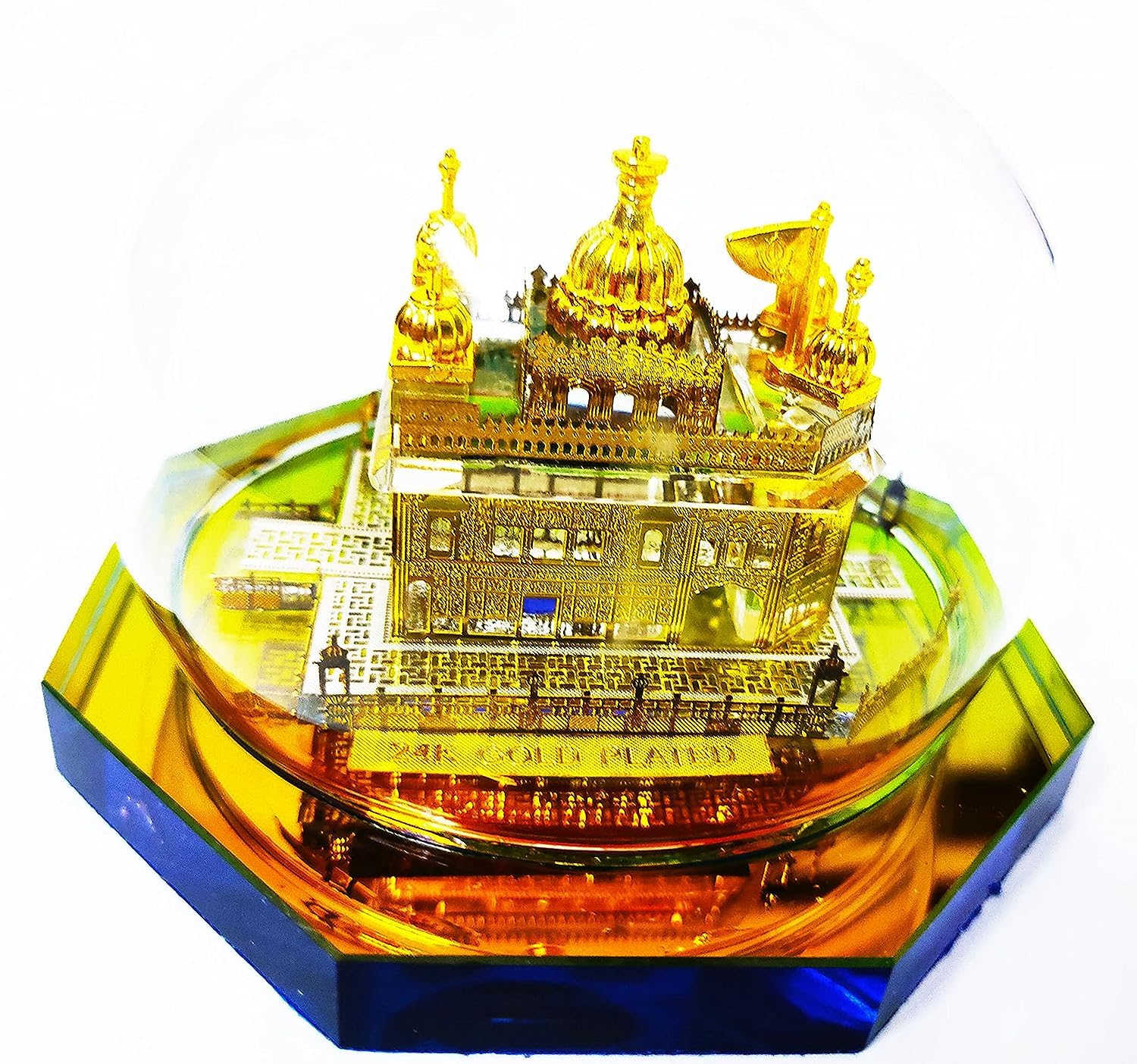 APEROL DESIGN Golden Temple Idol – Pack of 3 Miniatures Under Glass Dome | 24K Gold Plated Decorative Showpiece for Home, Office, Car Dashboard & Gifting | Size: 9×8×7.5 cm Each