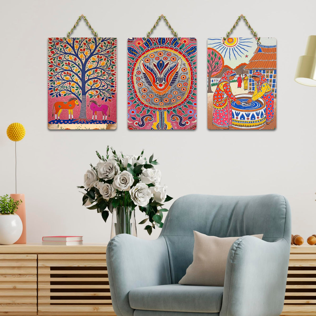 Artvibes Colorful Nature Wall Decor Wooden Wall Hanger for Home Decor | Living Room | Office | Cafe | Painting Wall Decor | Wall Poster | Artworks Hangings | Unique Gift (WH_96130N), Set of 3