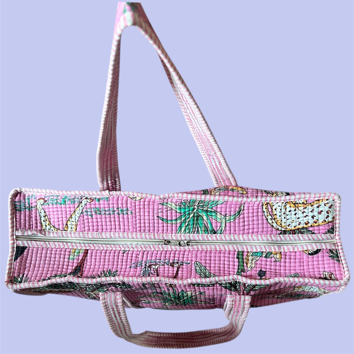 Handcrafted Quilted Cotton Tote Bag for Women, Printed Shoulder Bag with Jungle Animal Pattern, Lightweight Reusable Shopping & Daily Carry Tote, Large Size 18 x 18 x 5 Inches (Pink)