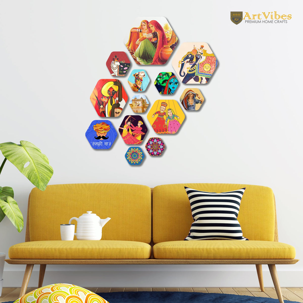 Artvibes Indian Diverse Culture Hexagon Shape MDF Wooden Wall Decor Items | Wall Sculpture | Signs & Plaques | Handcrafted Art | Artwork | Aesthetic Wooden Decor | Unique Gift (WPS_221N), Set of 13
