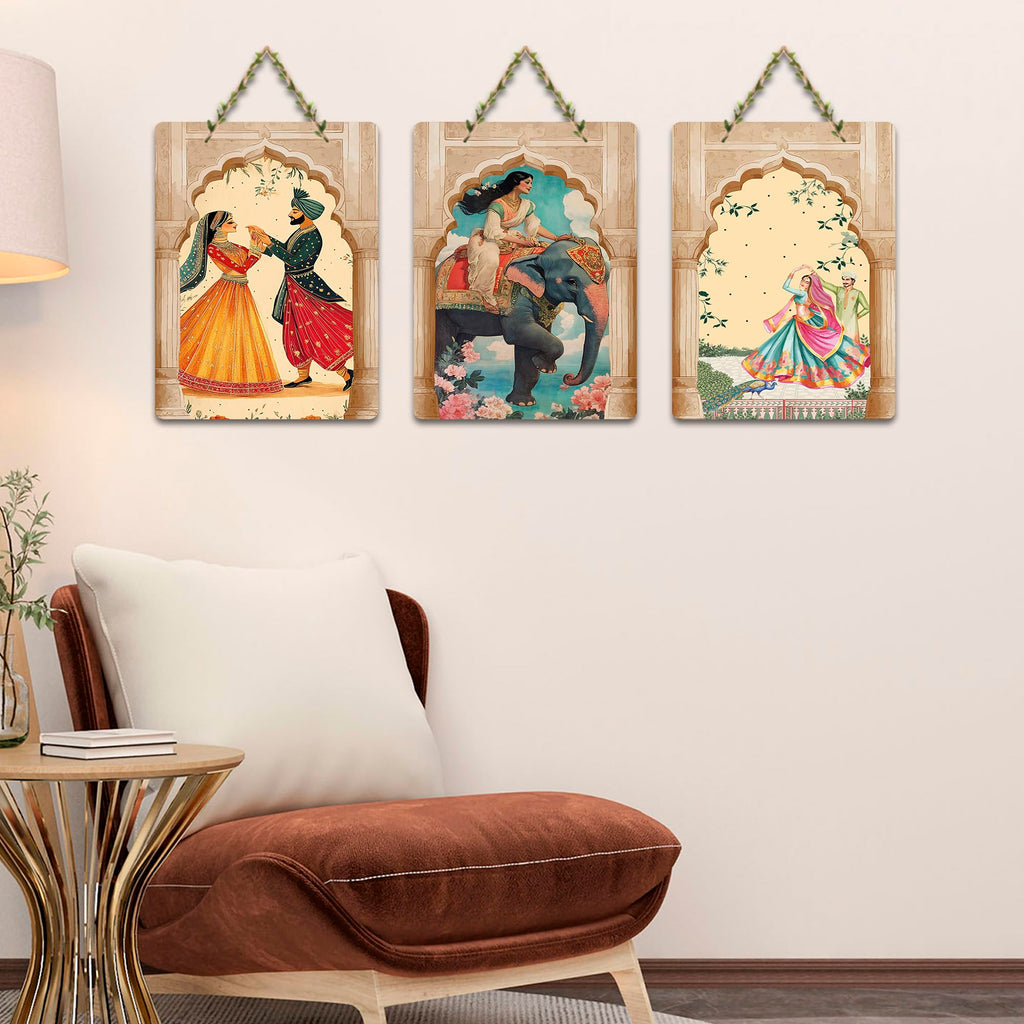 Artvibes Indian Culture Artwork Decorative Wall Art MDF Wooden Wall Hanger for Home | Printed Wall Decoration | Graphic Artwork | Aesthetic Wooden Decor | Sceneries | Ideal Gifts (WH_96125N), Set of 3