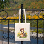 Metsi Canvas Tote Bag - Zipper Pocket With Girl and Puppy Print for Women 13x15 Inch, Eco-Friendly Multi-Purpose Cotton Tote Bag for Shopping, School, Beach, Groceries DIY Painting Gift Use - Design 4